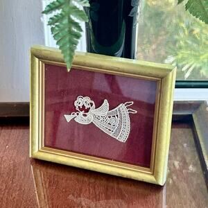 Vintage Framed Embroidered Lace Angel on Fabric in Gold Frame